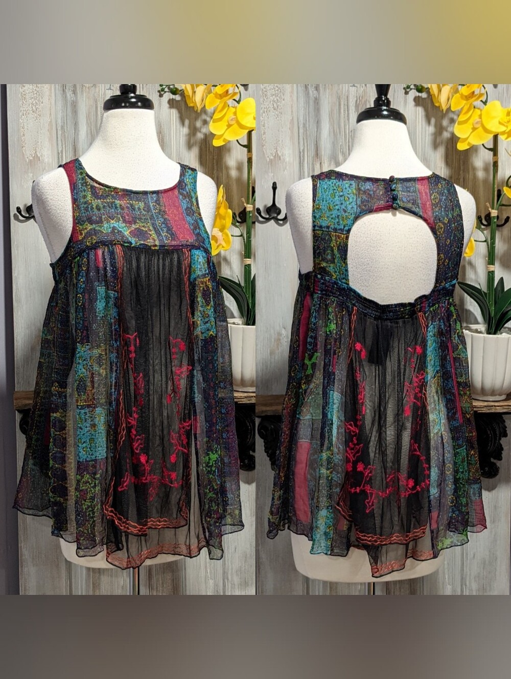 Free People New Romantics Sheer Boho Patchwork Tunic Tank Top